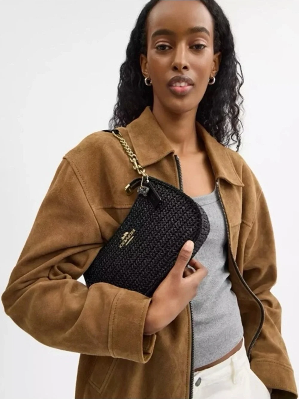 NWT Coach Teri Shoulder Crossbody Bag In Woven Straw & Leather Gold Black CBI17 - Picture 14 of 14